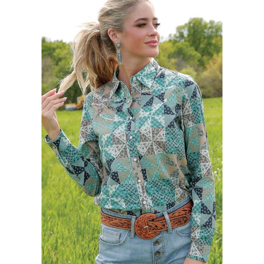 Cinch Women's Long Sleeve Geometric Print Snap Front Shirt- Multi