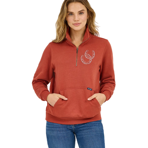 Wrangler Women's Long Sleeve 1/4 zip Sweatshirt- Rust