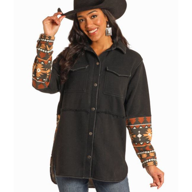 Rock & Roll Women's Long Sleeve Shacket with Hood-Black