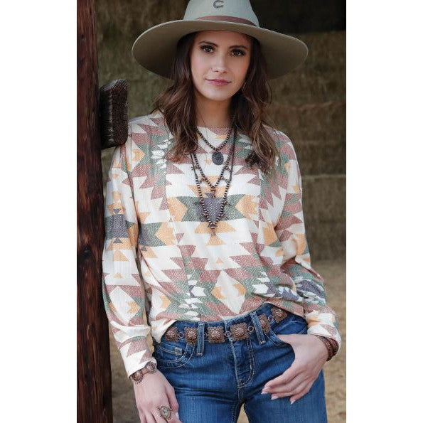 Cinch Women's Aztec Long Sleeve Rib Knit Top- Cream