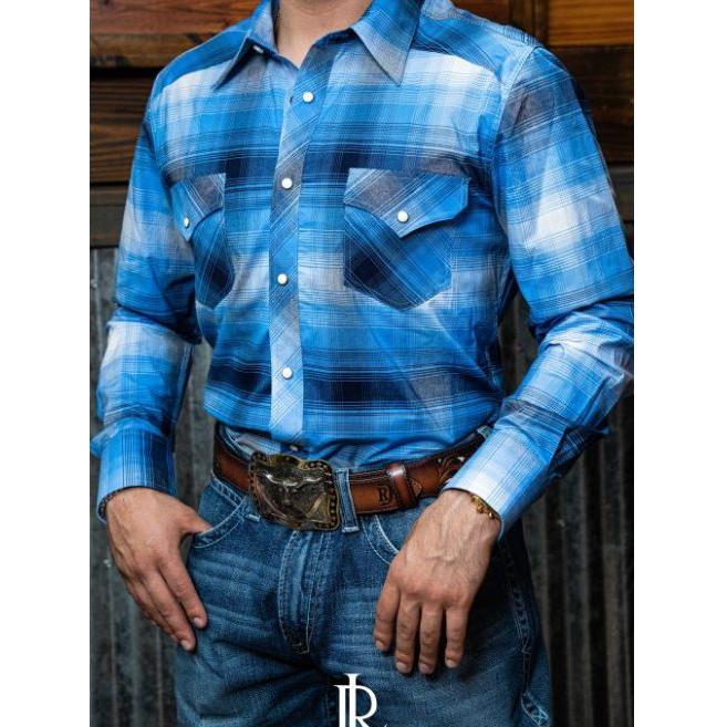 Rock & Roll Men's Long Sleeve Plaid Snap Shirt- Blue