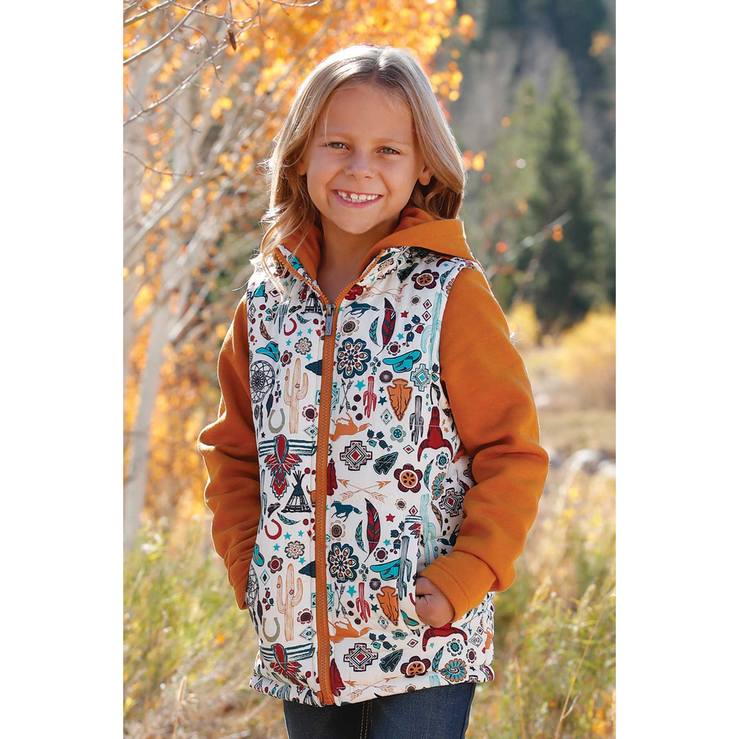 Cinch Girl's Long Sleeve Hoodie Vest- Gold