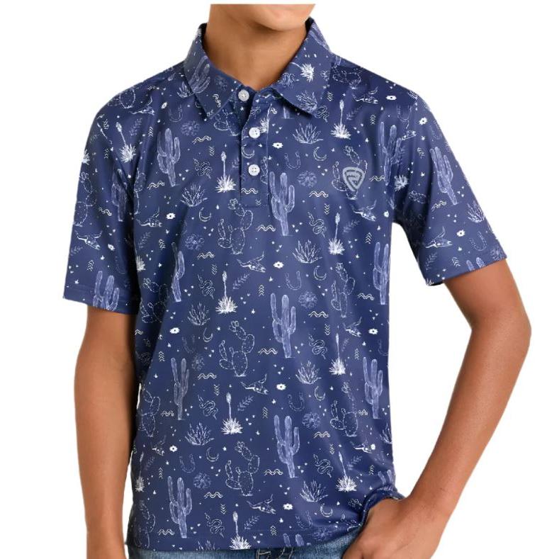 Rock & Roll Boy's Short Sleeve Conversational Polo- Navy