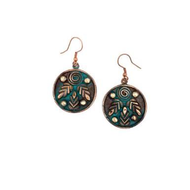 Anju Banjara Copper Patina Earrings-Three Leaves and Spiral Teal Circle