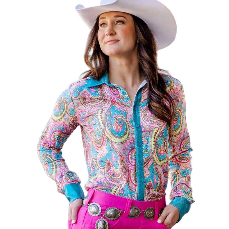 Cowgirl Tuff Women's Long Sleeve Button Up Western Print Shirt - Pink