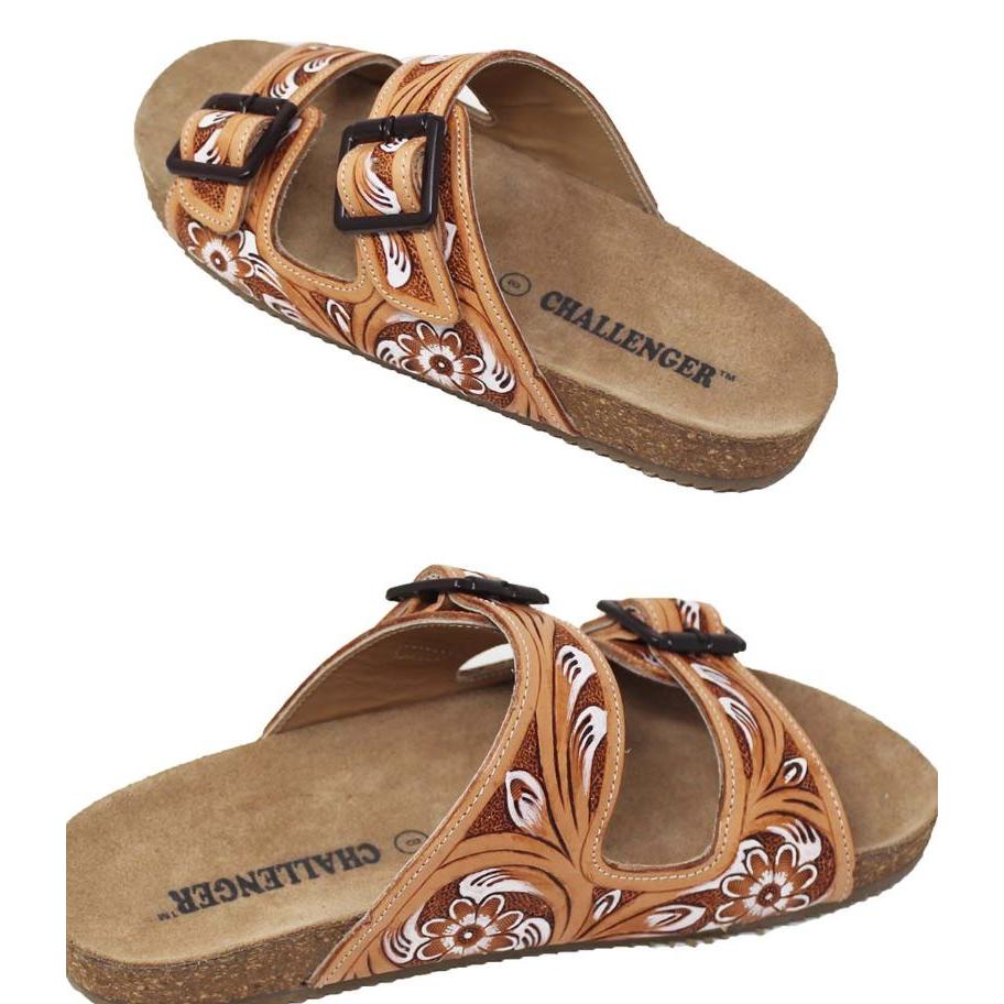 Western  Women's Double Strap Tooled Leather Sandals-White