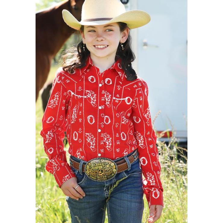 Cinch Girl's Long Sleeve Print Shirt- Red
