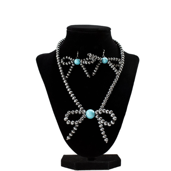 Silver Strike Beaded Bow Necklace and Earring Set- Grey - Irvine Tack & Western Wear