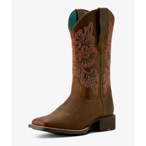 Ariat Women's Round Up Wide Toe Stretchfit Western Boot- Sassy Brown