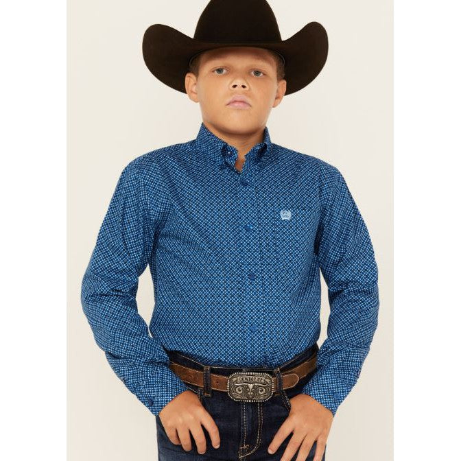 Cinch Boy's Long Sleeve Button-Down Print Shirt - Royal Blue