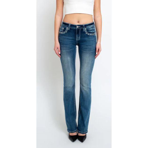 Grace in LA Women's Aztec Embroidered Pocket Flap Midrise Bootcut Jean