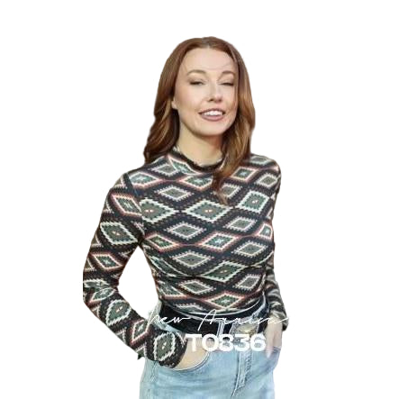 Lucky & Blessed Women's Aztec Printed Long Sleeve Crop Top- Olive