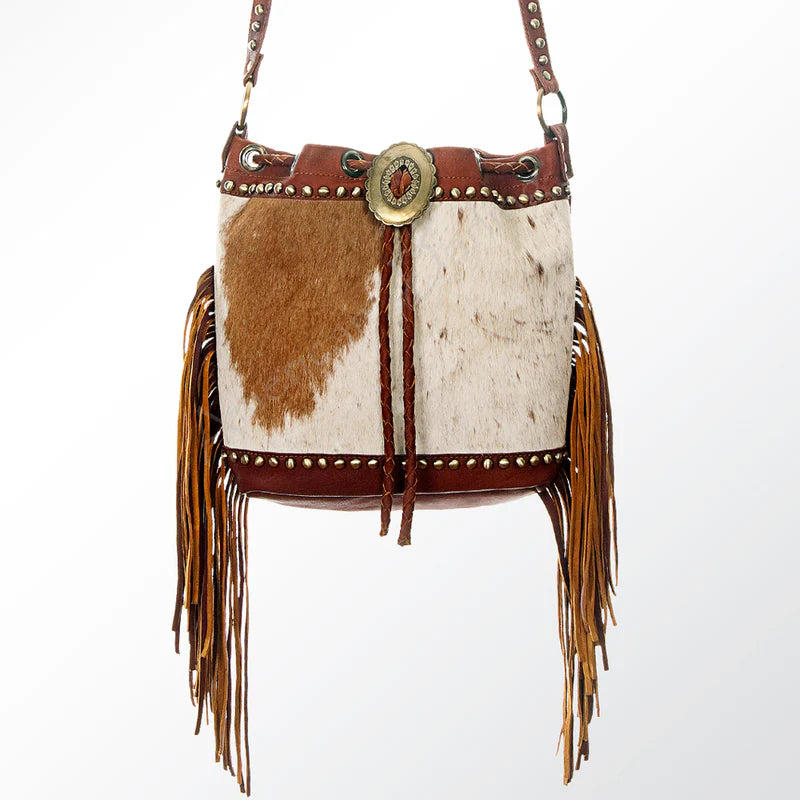 American Darling Studded Leather Fringe Crossbody Bucket Bag - Western Cowhide Style