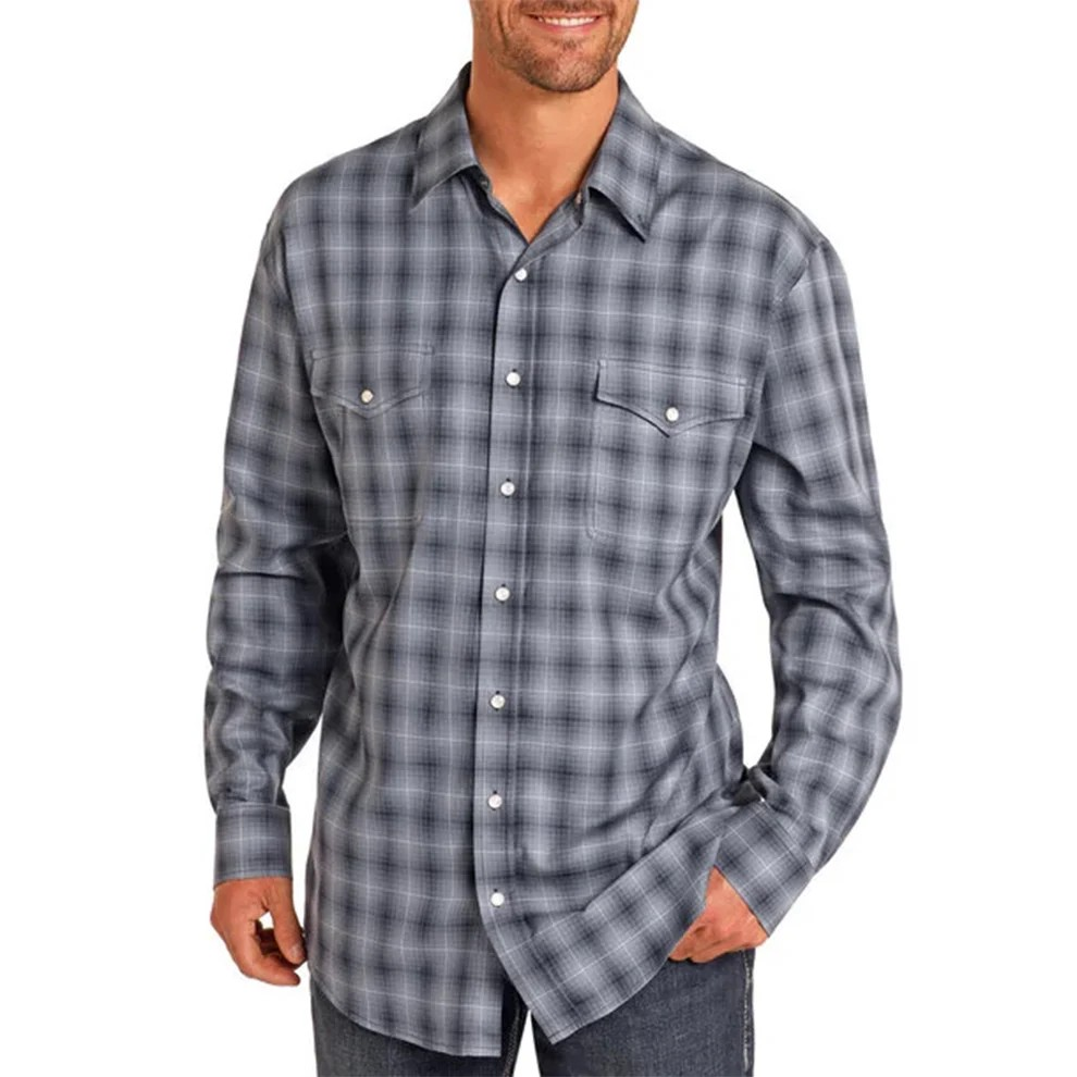 Rock & Roll Men's 2 Pocket Woven Long Sleeve Snap Shirt - Indigo