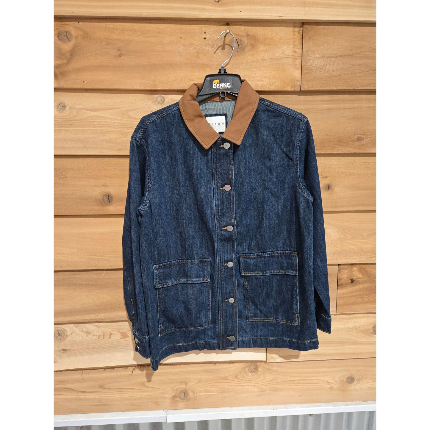 Risen Women's Long Sleeve Leather Collar Contrast Oversized Jacket- Dark