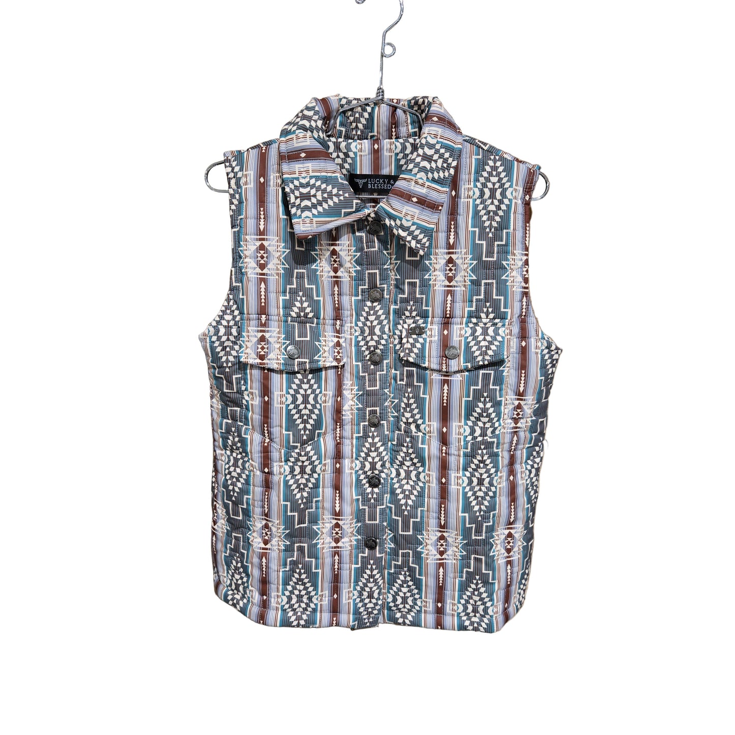 Lucky & Blessed Women's Vintage Aztec Printed Quilted Vest-Teal