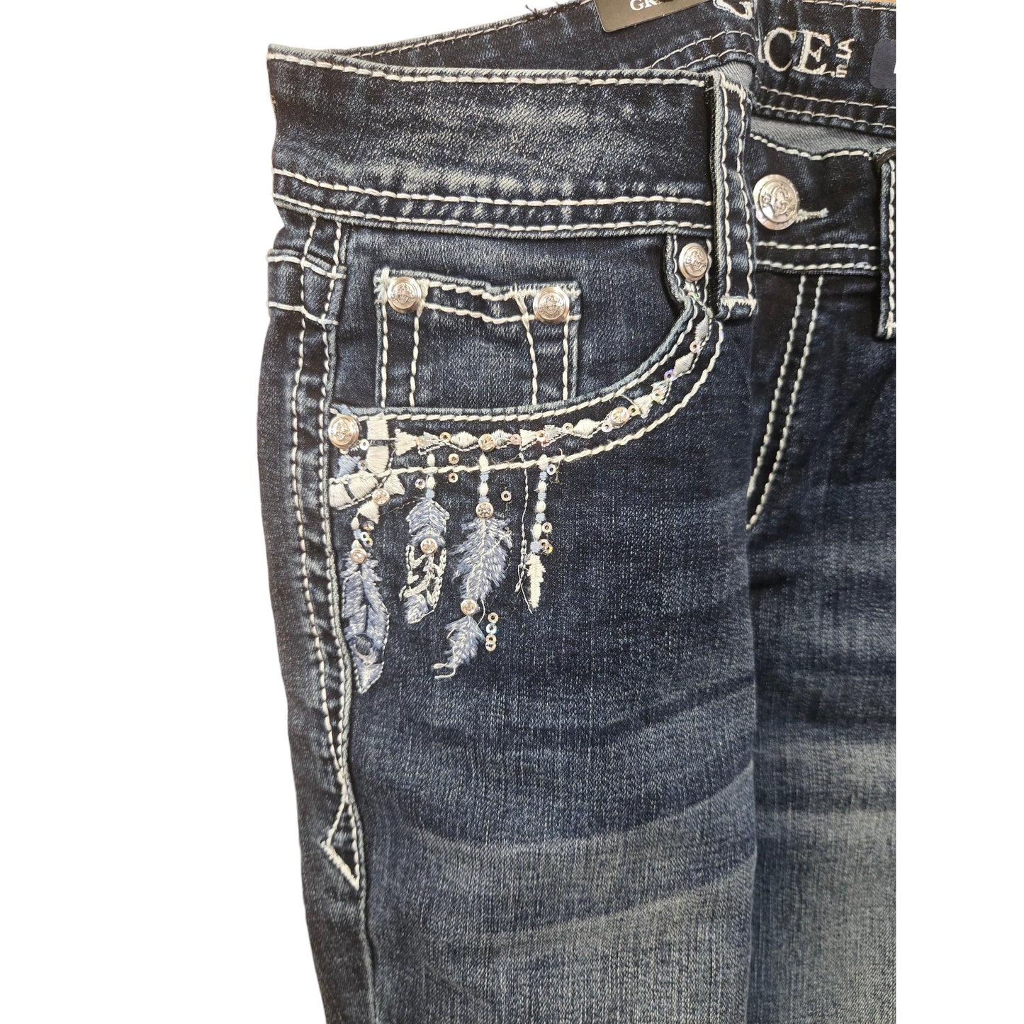 Grace in LA Women's Feather Bootcut Jeans- Blue - Irvine Tack & Western Wear