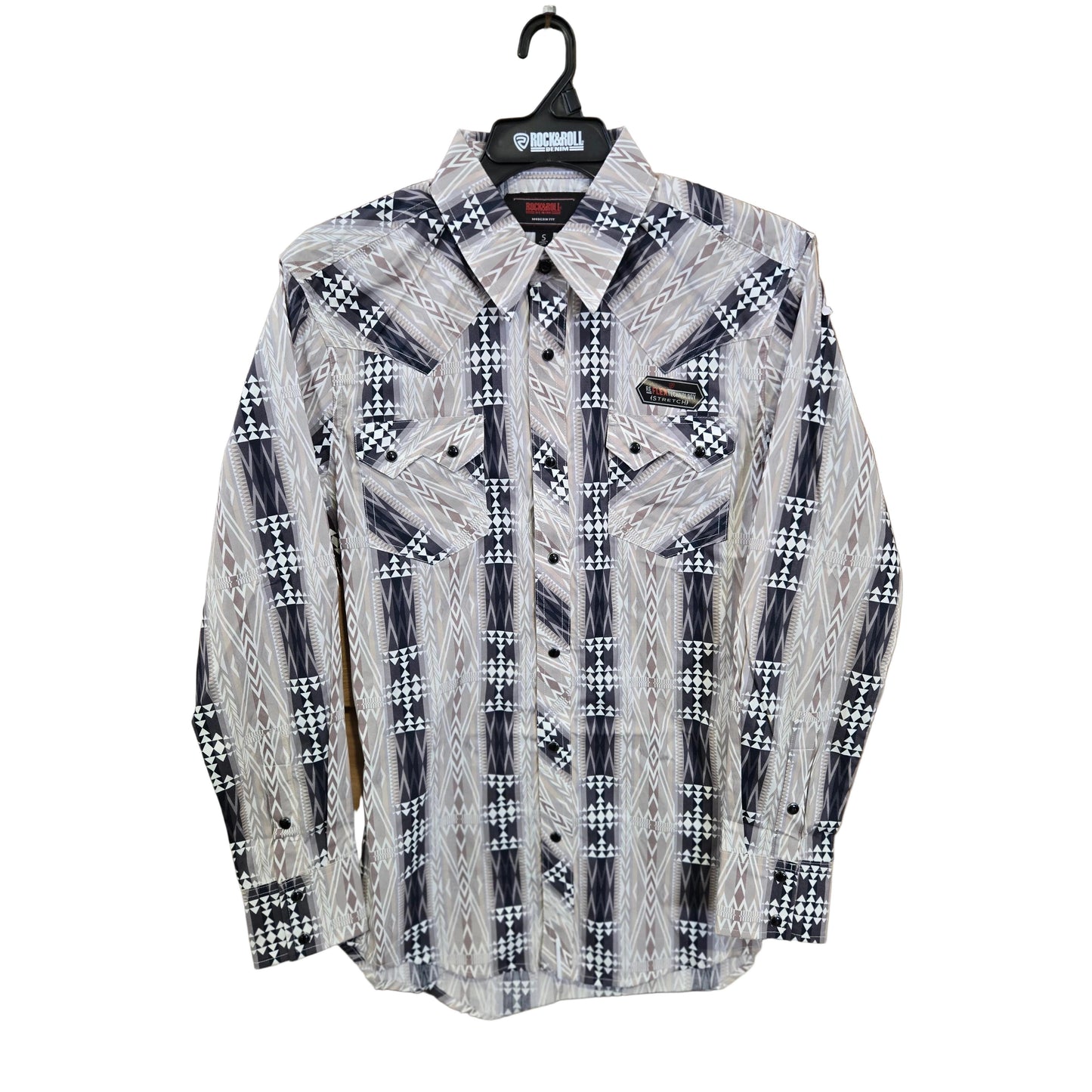 Rock & Roll Men's Aztec Soutwestern Stripe Print Long Sleeve Snap Shirt - Black