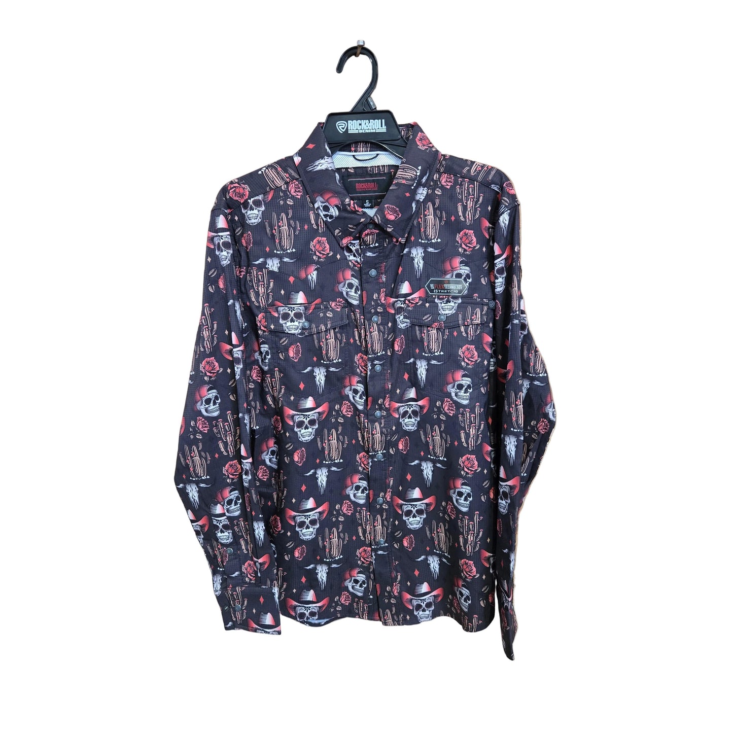 Rock & Roll Men's Novelty Bull Skulls Tek Western Long Sleeve Snap Shirt - Charcoal