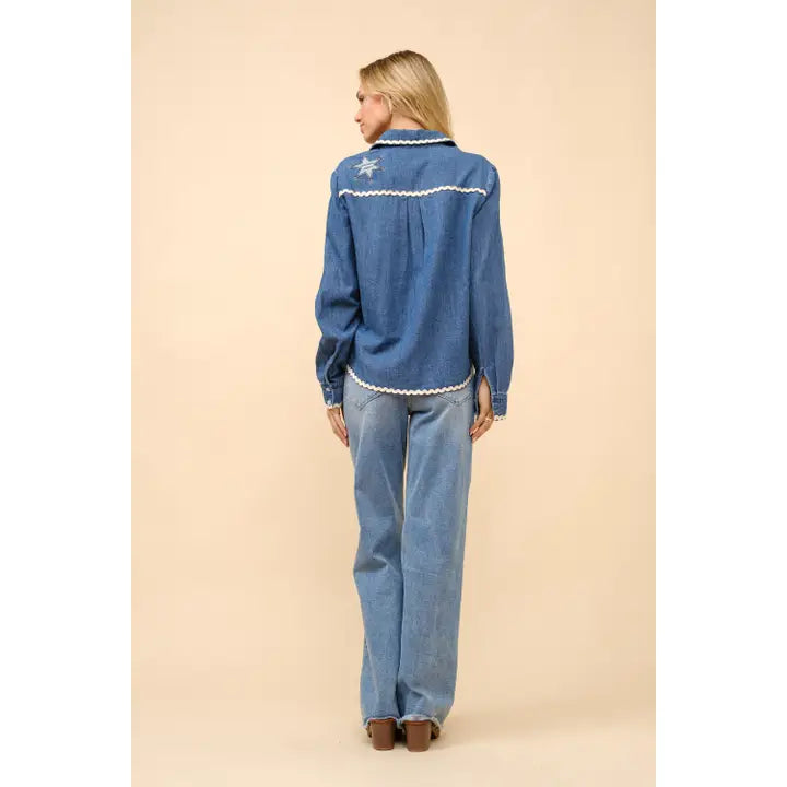 Women's Long Sleeve Ric Rac Embroidered Denim Top- Indigo