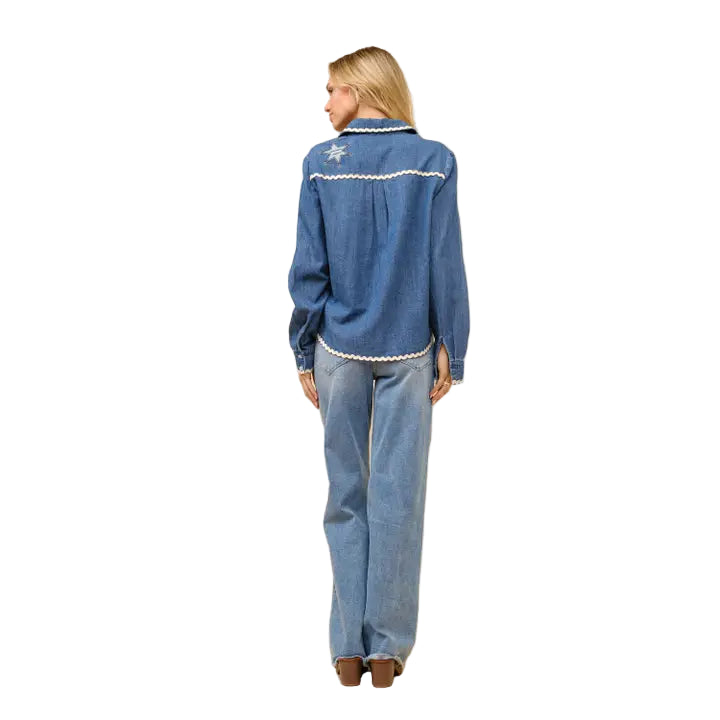 Women's Long Sleeve Ric Rac Embroidered Denim Top - Indigo