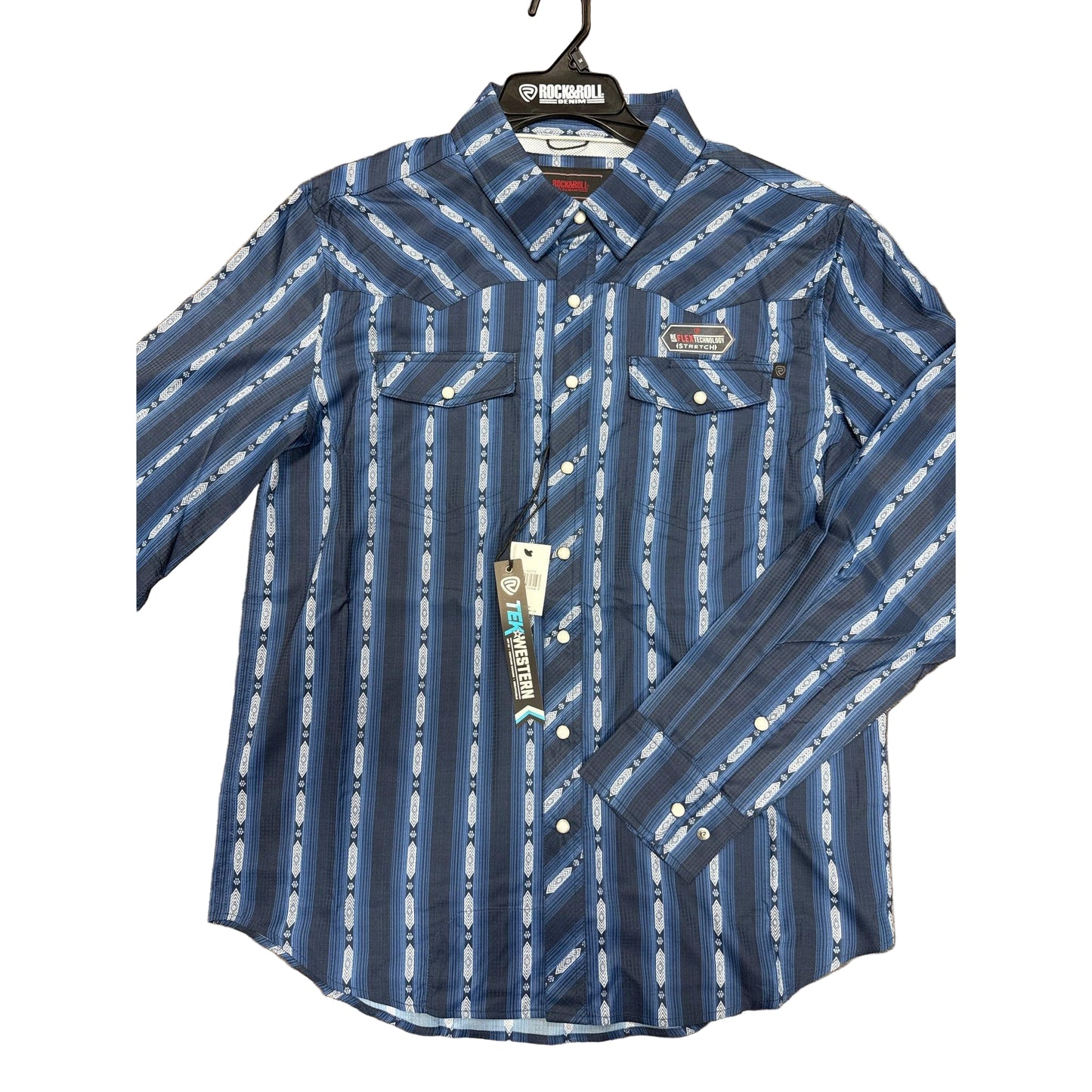 Rock & Roll Boy's Tek Stripe Print Long Sleeve Snap Shirt-Navy