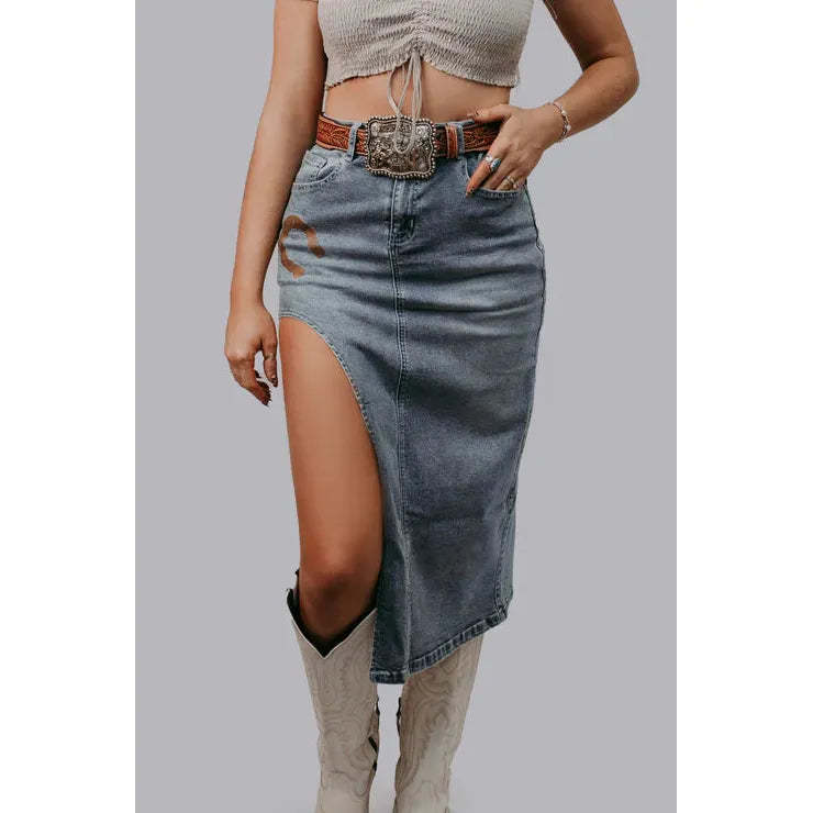 Merigold Kiss Horse Shoe Cut Out Denim Skirt