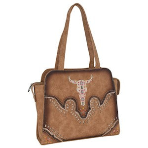 Catchfly Women's Cow Skull Embroidered Burnished Tote Bag - Tan