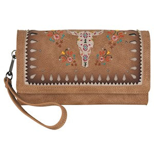 Catchfly Women's Cow Skull Embroidered Burnished Clutch Wallet - Tan