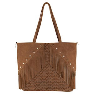 RDHC Women's Leather Aztec Print Tote Bag w/Curtain Fringe - Brown