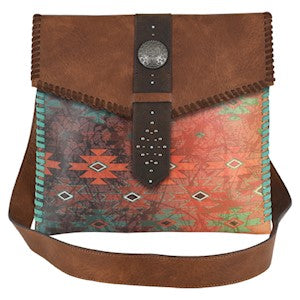 RDHC Women's Aztec Print Leather Whipstitch Crossbody Purse - Turquoise/Brown