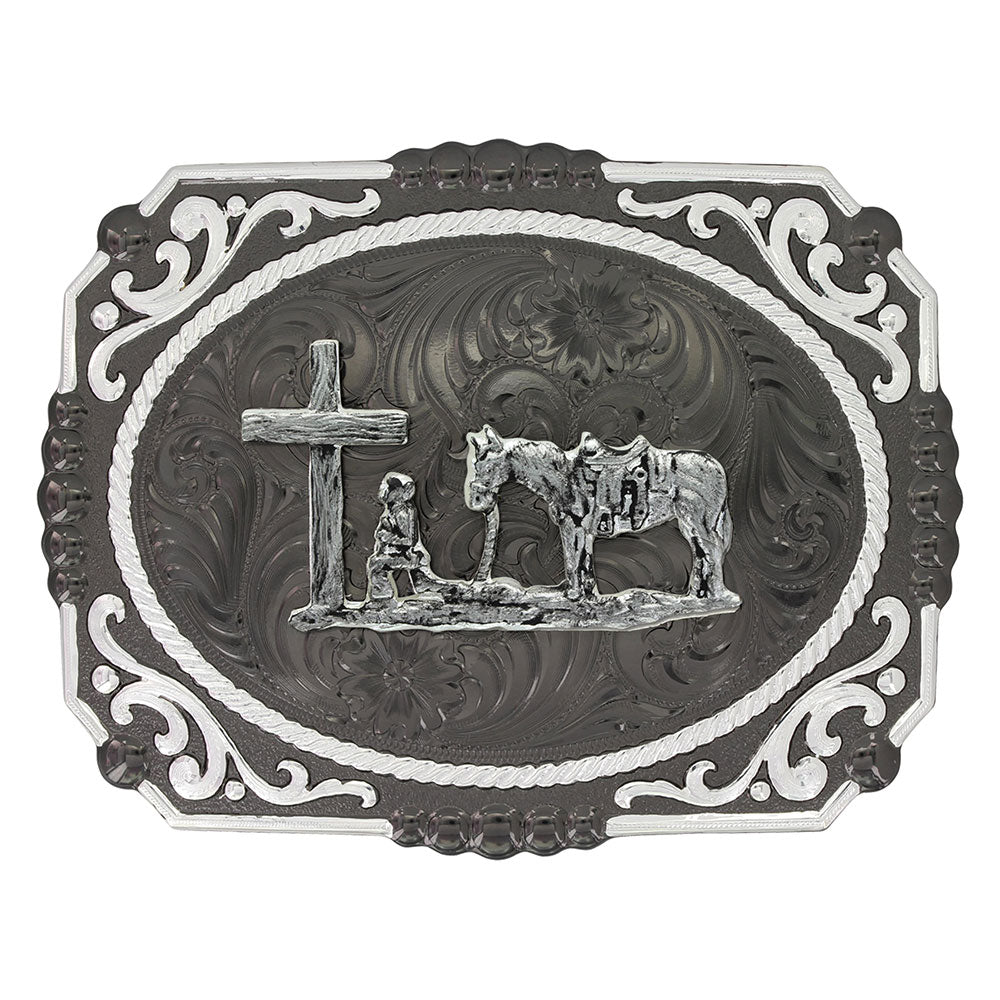 Montana Silversmiths Gunmetal Cameo Filigree with Christian Cowboy Belt Buckle
