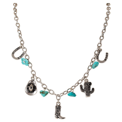 Justin Women's Silvertone with Turquoise Coloured Stones Charm Necklace