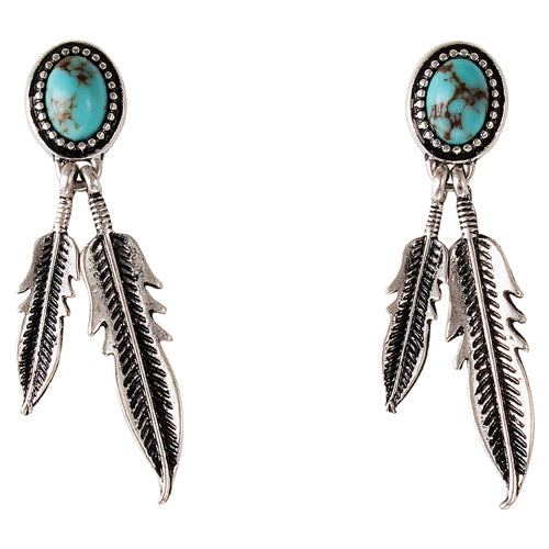 Justin Women's Oval Framed Turquoise Coloured Stone w/Feathers Earrings