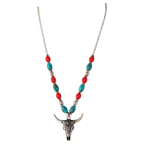 Justin Women's Steer Skull w/Southwestern Design & Turquoise Coral Coloured Beads Necklace
