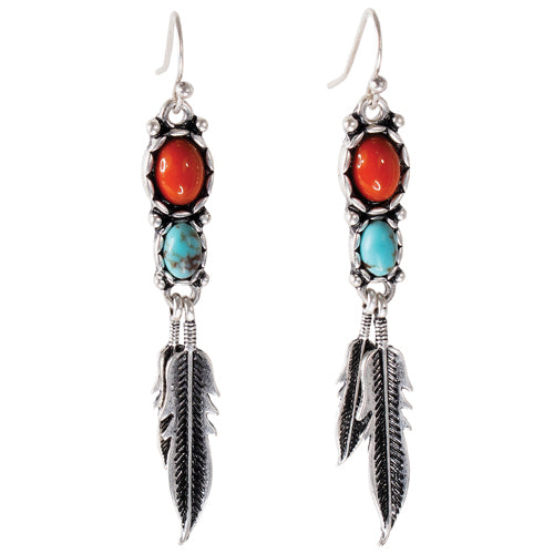 Justin Women's Turquoise & Coral Coloured Stones w/Feathers Earrings