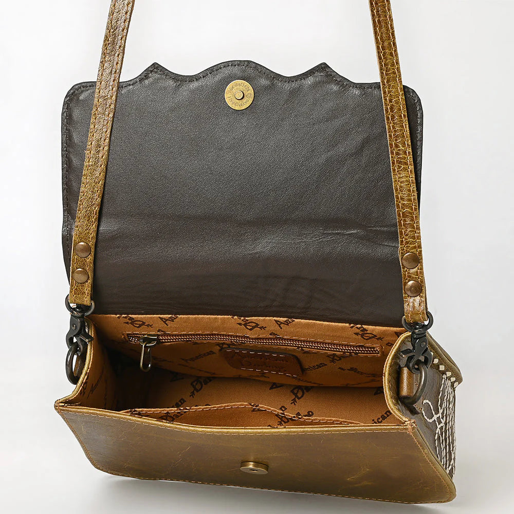 American Darling Distressed Leather Crossbody Gag with White Whipstitch Embroidery