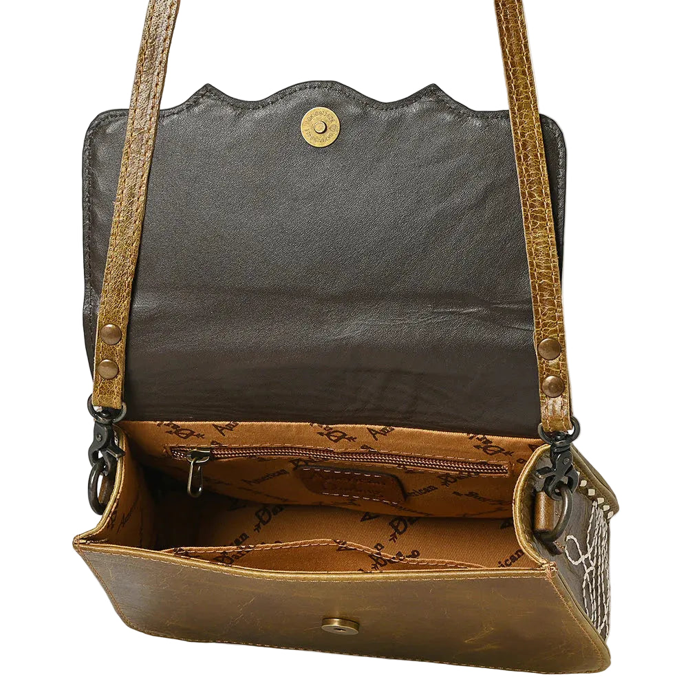 American Darling Distressed Leather Crossbody Gag with White Whipstitch Embroidery