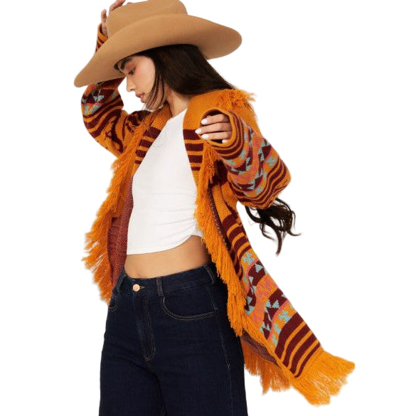 Panhandle Women's Long Sleeve Fringed Horse Print Cardigan- Mustard