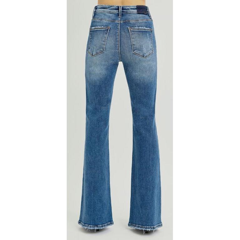 Risen Women's Tummy Control High Rise Flare Step Hem Jeans- Dark Wash
