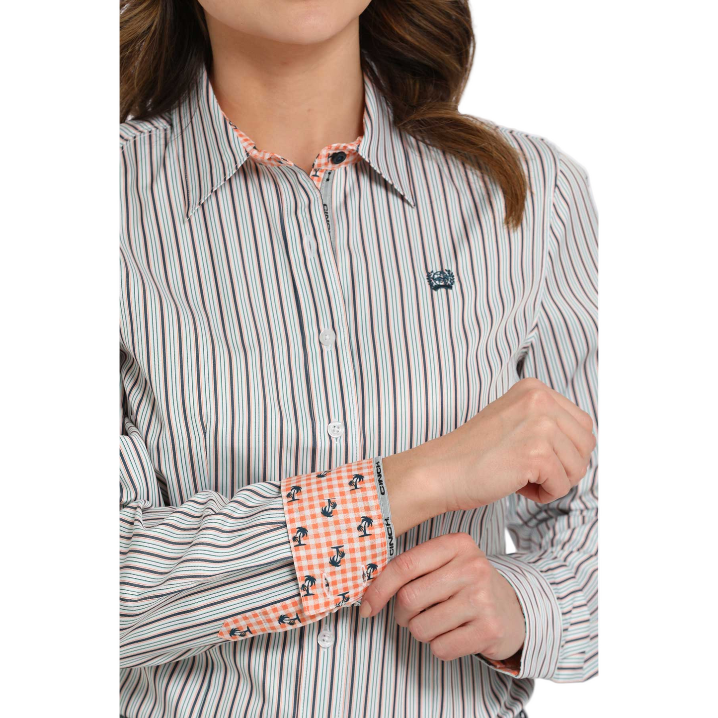 Cinch Women's Long Sleeve Stripe Shirt- White