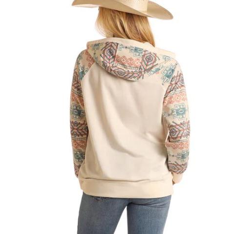Rock & Roll Women's Long Sleeve Contrast Sleeve Hoodie - Natural