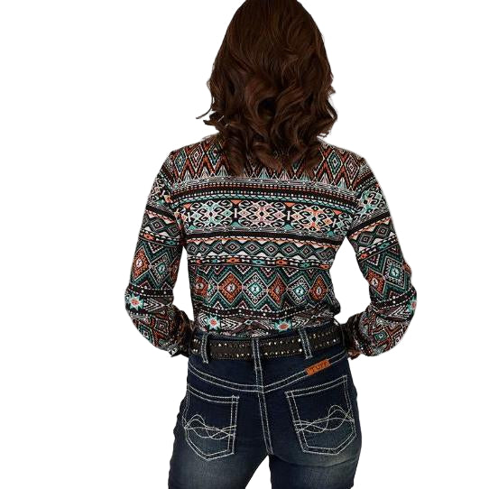 Cowgirl Tuff Women's Long Sleeve Button Up Stretch Jersey - Geometric Print