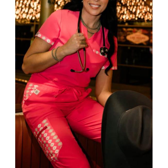 Spurrin' Scrubs Aztec Jogger Pants- Hot Pink