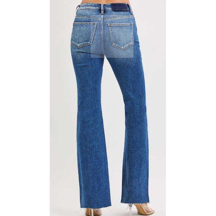 Risen Women's High Rise Flare Raw Hem Jeans- Dark Wash