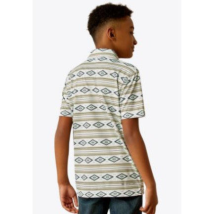 Ariat Boy's Short Sleeve All Over Print Polo- White Serape