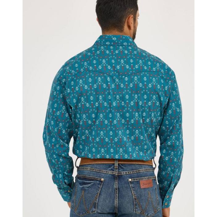 Wrangler Men's Long Sleeve Retro Premium Modern Fit Shirt - Multi Turquoise