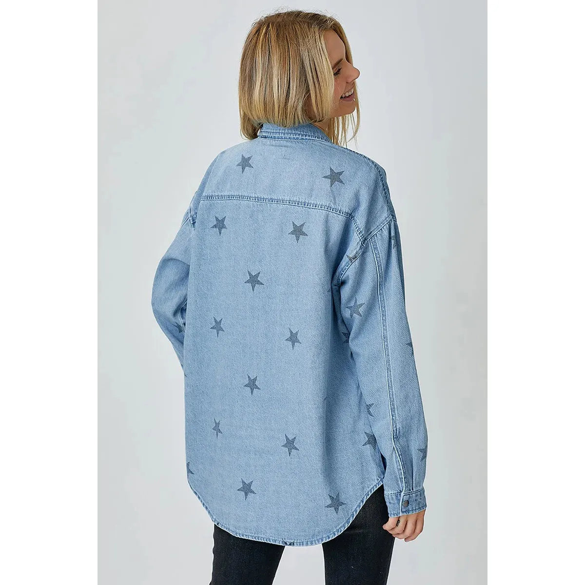Risen Women's Oversized Star Print Denim Long Sleeve Shirt-Light Wash