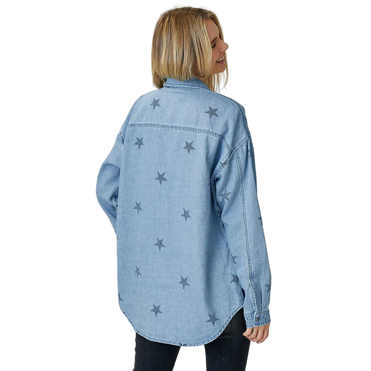 Risen Women's Oversized Star Print Denim Long Sleeve Shirt - Light Wash