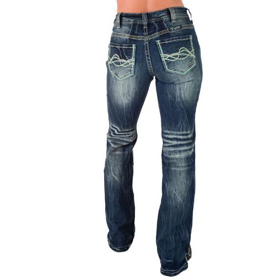 Cowgirl Tuff Women's Twisted Turquoise Bootcut Jeans-Medium Wash